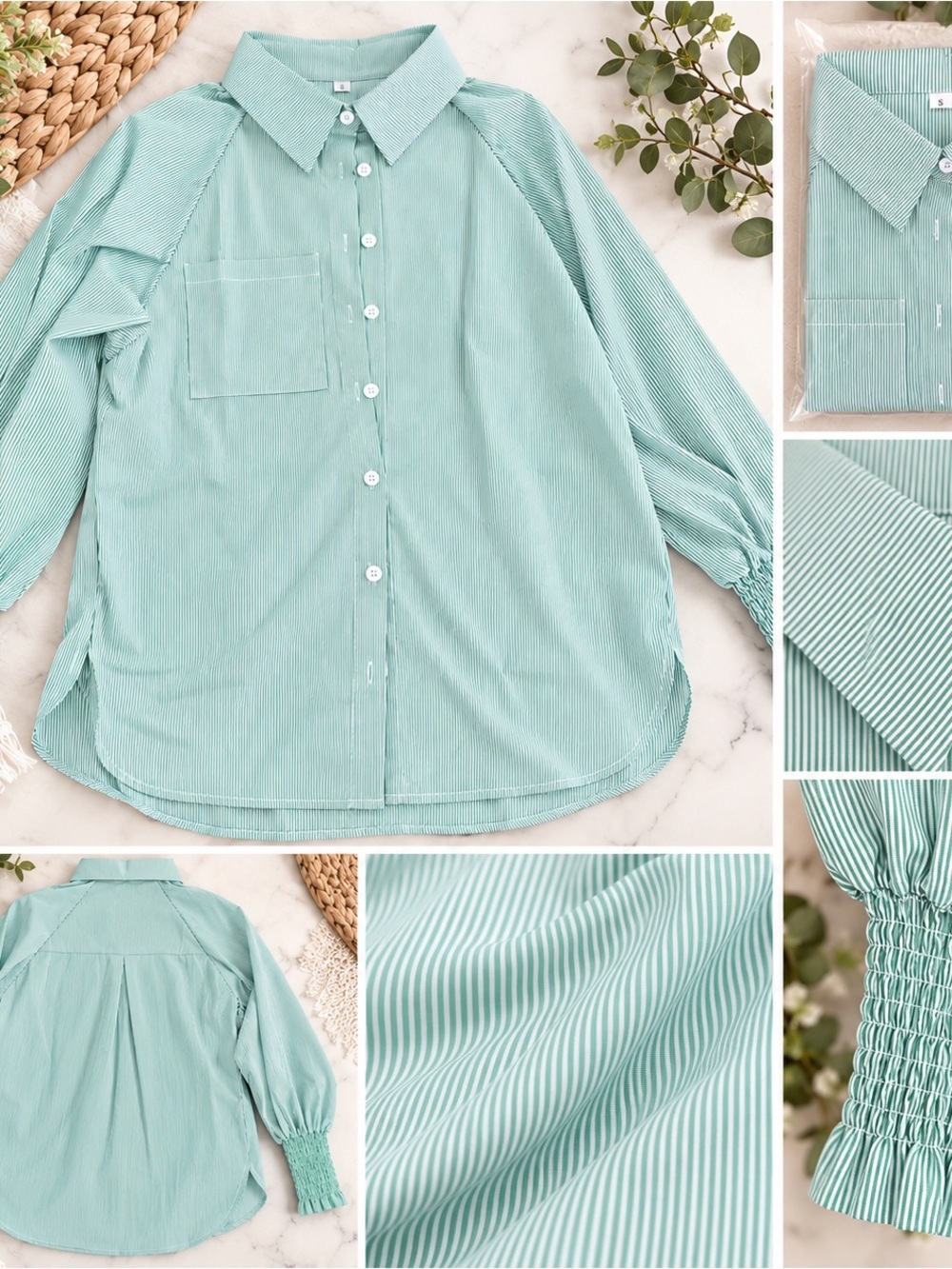 Striped Button Down Blouse in Green & White stripes